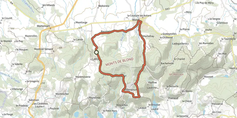 Map of the Des Villages en pays d'OC track on the IGN map, with the start and numbered waypoints