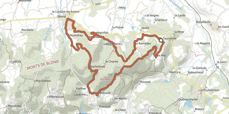 Map of the Les Cimes track on the IGN map, with the start and numbered waypoints