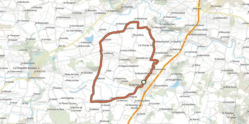 Map of the Vélo Promenade® "Entre nature et bâtis" track on the IGN map, with the start and numbered waypoints