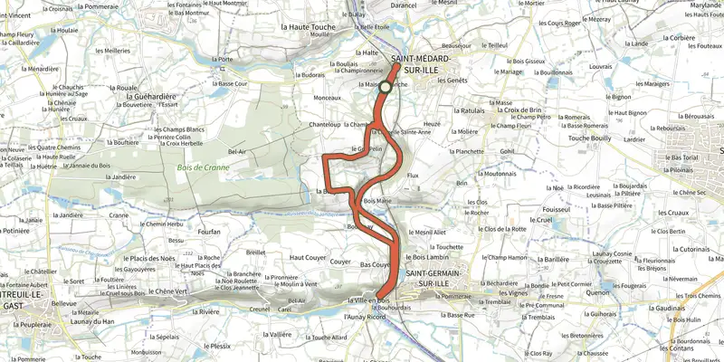 Map of the De bois et d'eau track on the IGN map, with the start and numbered waypoints