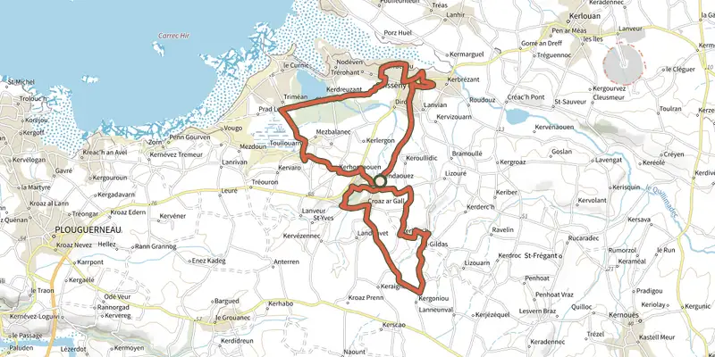 Map of the Tro velo 2 A Guisseny track on the IGN map, with the start and numbered waypoints