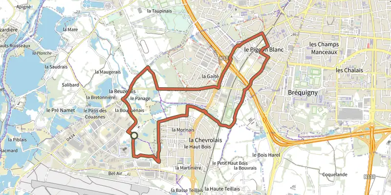 Map of the Du Pigeon Blanc au Parc track on the IGN map, with the start and numbered waypoints