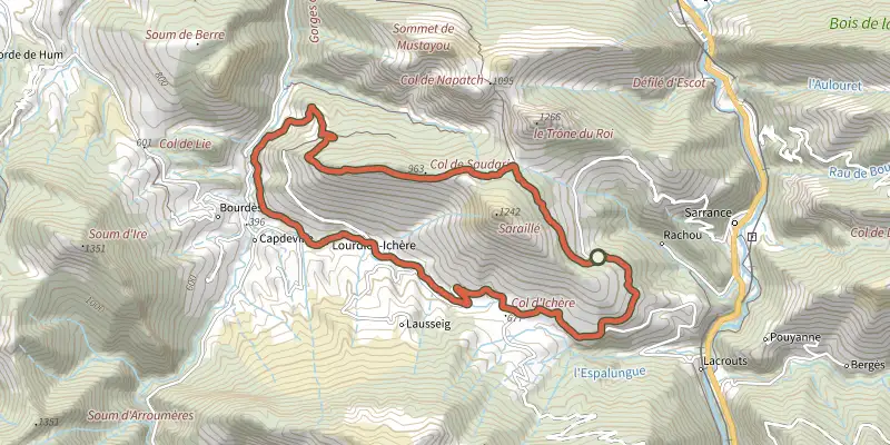 Carte du tracé de Col de Laünde VTT asp08 sur le Plan IGN, départ et points de passage numérotés