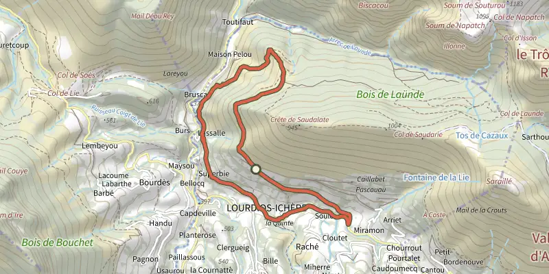 Carte du tracé de Fougeraies de Laünde VTT asp06 sur le Plan IGN, départ et points de passage numérotés
