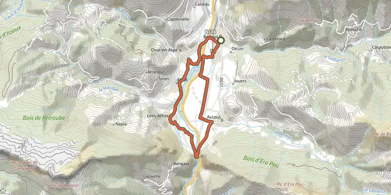 Carte du tracé de Chemins du Gave VTC asp13 sur le Plan IGN, départ et points de passage numérotés