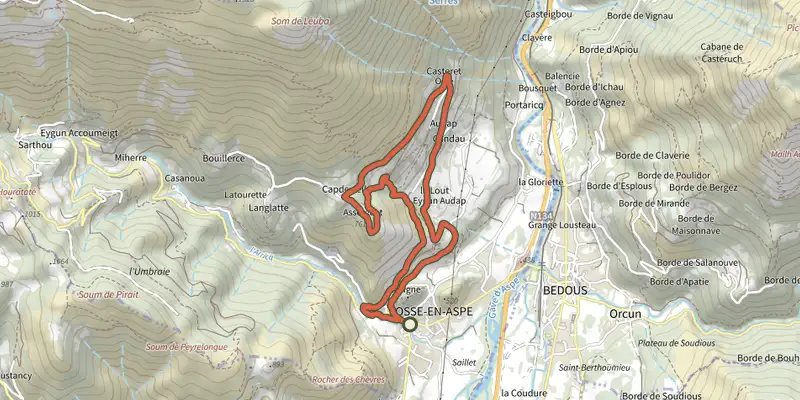 Carte du tracé de Tour du Bugala VTT asp35 sur le Plan IGN, départ et points de passage numérotés
