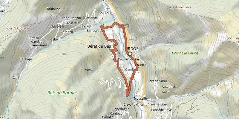 Map of the Tour Bérat - Urdos VTT asp67 track on the IGN map, with the start and numbered waypoints