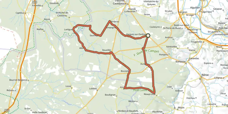 Carte du tracé de Circuit des Landes de Gascogne - 80 km sur le Plan IGN, départ et points de passage numérotés
