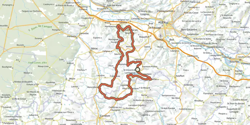 Map of the Circuit des Coteaux de Gascogne - 90 km track on the IGN map, with the start and numbered waypoints