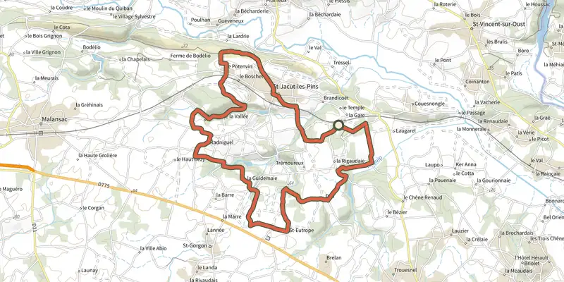 Map of the Boucle vélo de Saint-Jacut-les-Pins track on the IGN map, with the start and numbered waypoints