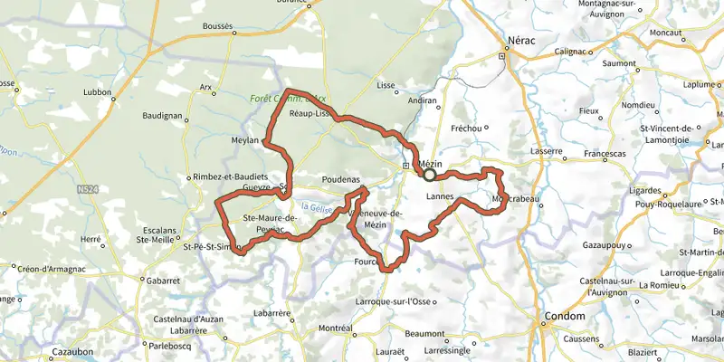 Map of the Circuit Mézinais - Ténarèze - 75 km track on the IGN map, with the start and numbered waypoints