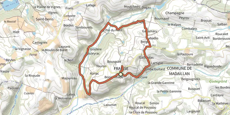 Map of the Madaillan - VTT - 6.7 km track on the IGN map, with the start and numbered waypoints
