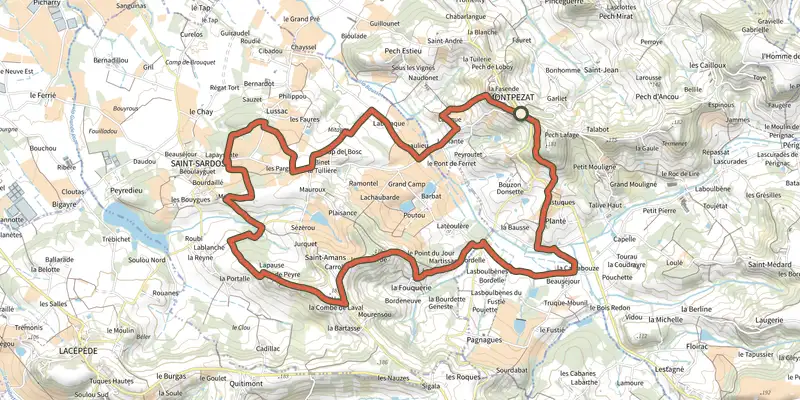 Map of the Montpezat St-Amans - VTT - 15.1 km track on the IGN map, with the start and numbered waypoints