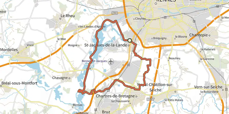 Map of the Circuit VTT en Pays de Rennes n°15: Les Étangs d'Apigné track on the IGN map, with the start and numbered waypoints