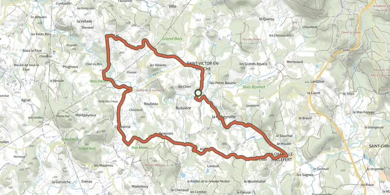 Map of the Vallée de la Gartempe track on the IGN map, with the start and numbered waypoints