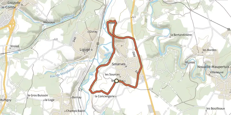 Carte du tracé de Boucle 4 - Smarves - Vallées du Clain sur le Plan IGN, départ et points de passage numérotés