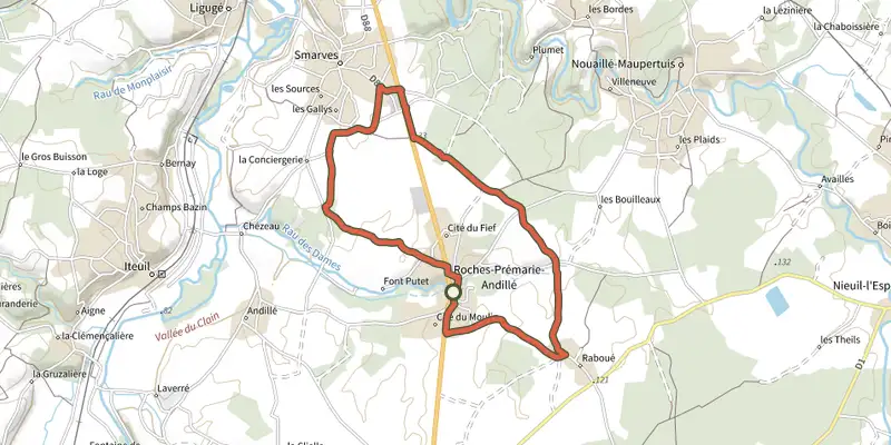 Map of the Boucle 5 - Roches Prémarie Andillé - Vallées du Clain track on the IGN map, with the start and numbered waypoints