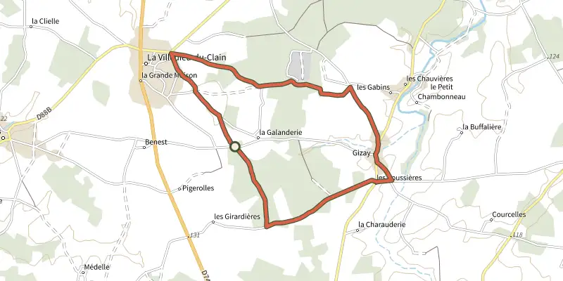 Map of the Boucle 8 - Gizay - Vallées du Clain track on the IGN map, with the start and numbered waypoints