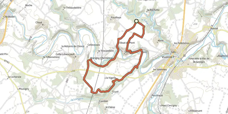 Map of the Boucle 16 - Marigny-Chemereau - Vallées du Clain track on the IGN map, with the start and numbered waypoints