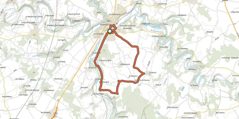 Carte du tracé de Boucle 20 - Vivonne - Vallée du Clain sur le Plan IGN, départ et points de passage numérotés