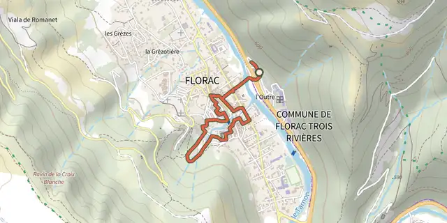 The Florac: a spring in the town track on the IGN map