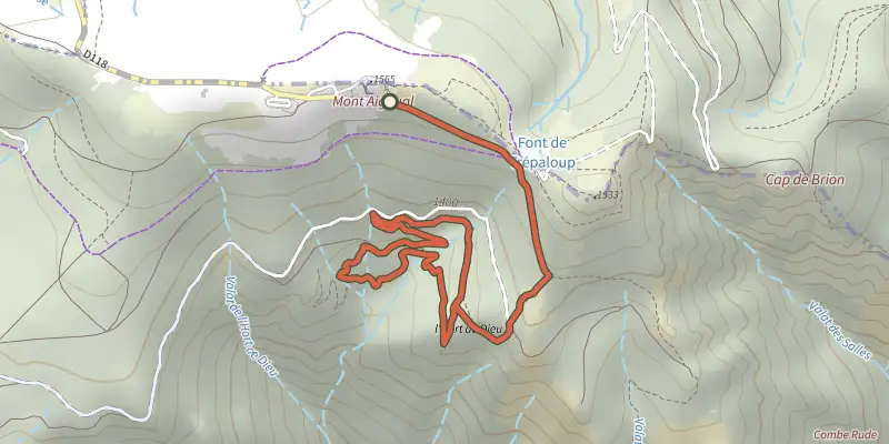 Map of the L'Hort de Dieu arboretum track on the IGN map, with the start and numbered waypoints