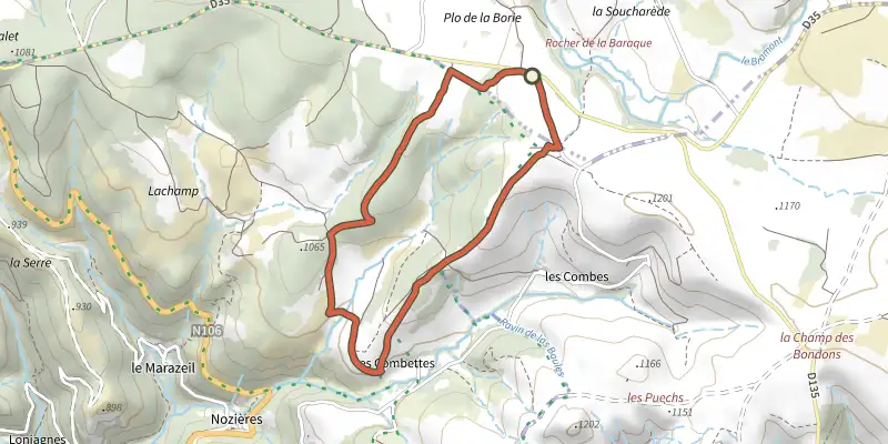 Carte du tracé de Balade au pays des menhirs sur le Plan IGN, départ et points de passage numérotés