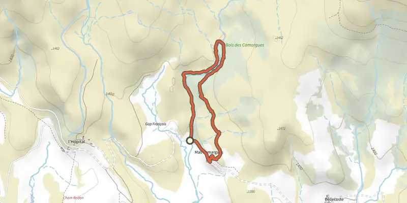 Map of the Mas Camargues track on the IGN map, with the start and numbered waypoints