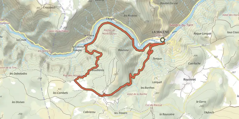 Map of the Roc des Hourtous track on the IGN map, with the start and numbered waypoints