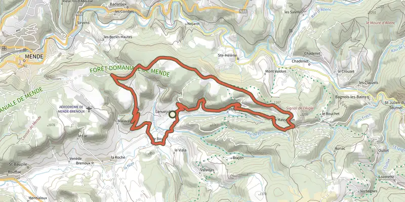 Carte du tracé de Lanuéjols sur le Plan IGN, départ et points de passage numérotés