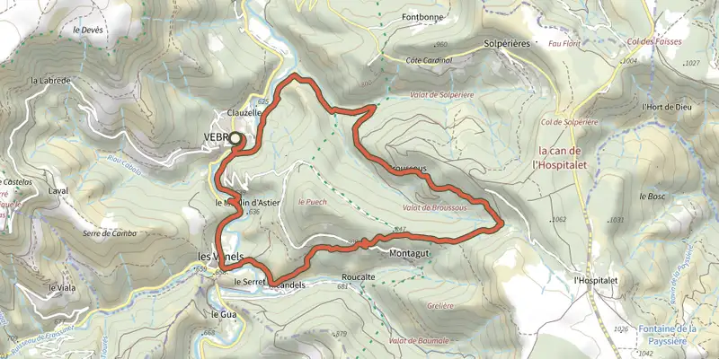 Map of the Broussous track on the IGN map, with the start and numbered waypoints