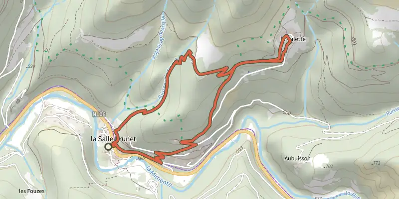 Carte du tracé de Prunet sur le Plan IGN, départ et points de passage numérotés