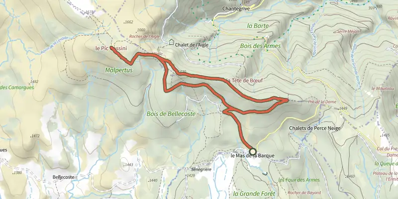 Map of the Pic Cassini track on the IGN map, with the start and numbered waypoints