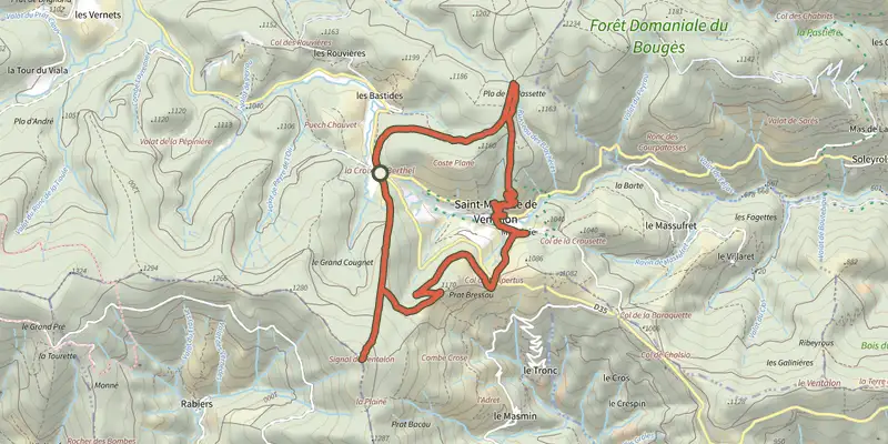 Map of the Ventalon track on the IGN map, with the start and numbered waypoints