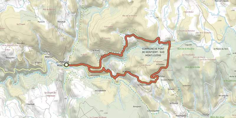 Carte du tracé de Gasbiel sur le Plan IGN, départ et points de passage numérotés