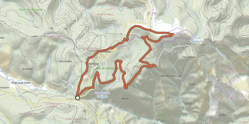 Carte du tracé de La Dauphine sur le Plan IGN, départ et points de passage numérotés