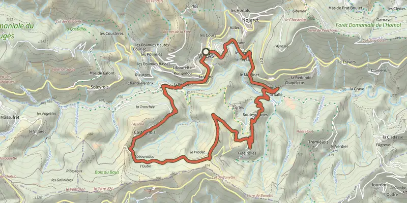 Map of the L'Avès track on the IGN map, with the start and numbered waypoints