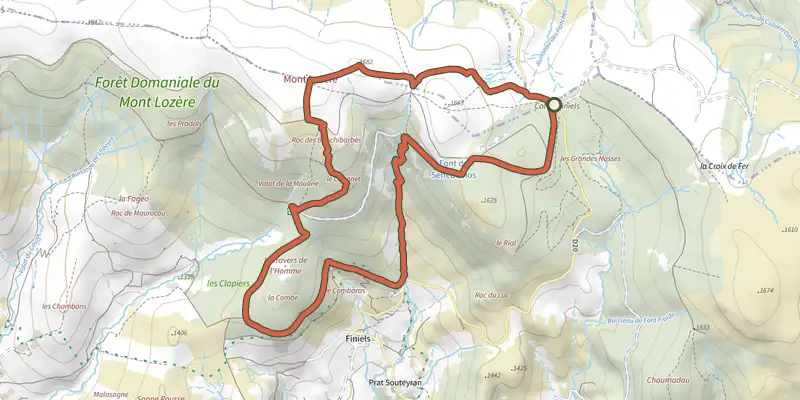 Map of the Mallevrière track on the IGN map, with the start and numbered waypoints