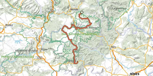 The Across the Massif Central by mountain-bike track on the IGN map