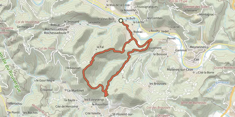 Map of the Lachamp chapel track on the IGN map, with the start and numbered waypoints