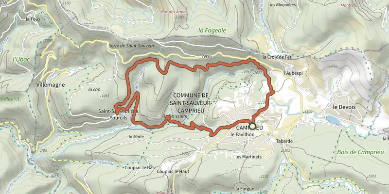 Carte du tracé de La vallée de Bramabiau - VTT n°8 sur le Plan IGN, départ et points de passage numérotés