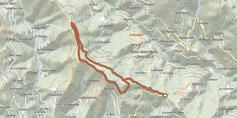 Carte du tracé de Castelviel sur le Plan IGN, départ et points de passage numérotés