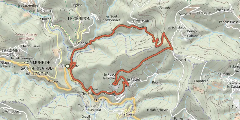Carte du tracé de Champdomergue sur le Plan IGN, départ et points de passage numérotés