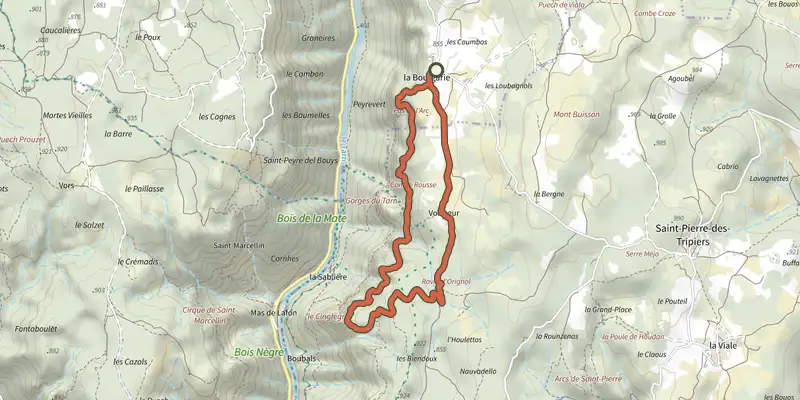 Carte du tracé de Baousse del Biel sur le Plan IGN, départ et points de passage numérotés