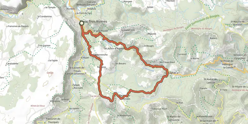 Map of the Discovering the Upper Cévennes track on the IGN map, with the start and numbered waypoints