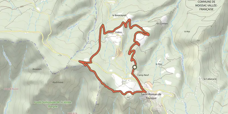 Carte du tracé de Saint-Roman sur le Plan IGN, départ et points de passage numérotés