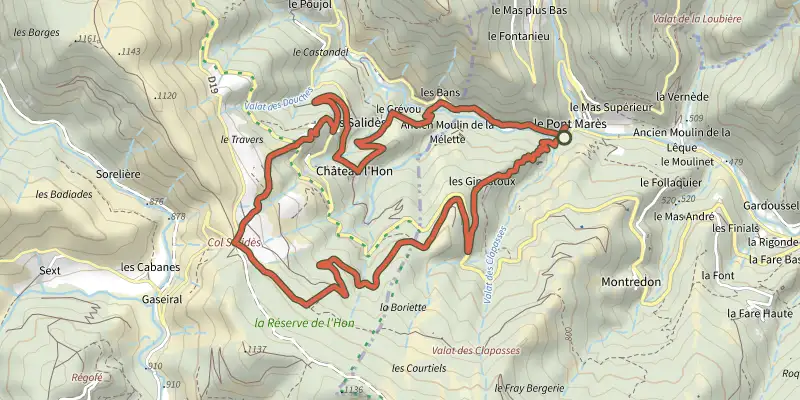 Carte du tracé de Le Pont Marès sur le Plan IGN, départ et points de passage numérotés