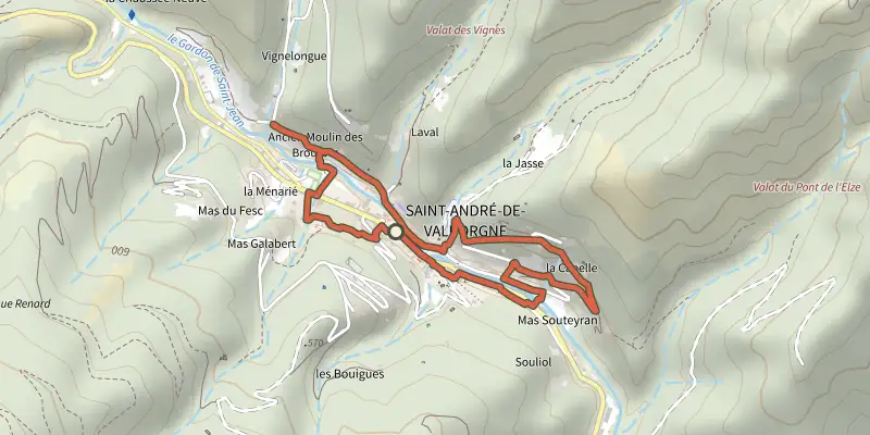 Map of the Saint-André de Valborgne track on the IGN map, with the start and numbered waypoints