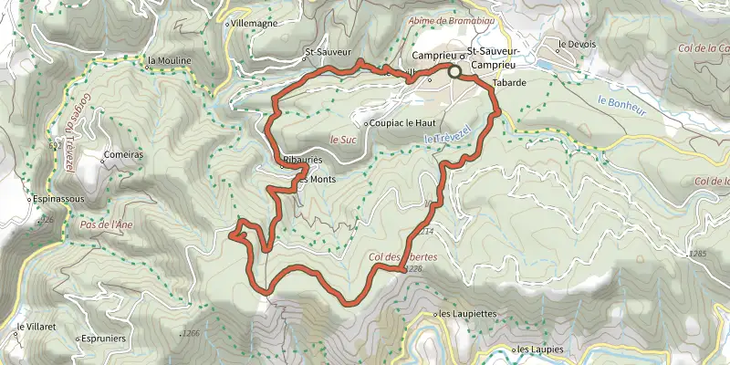 Carte du tracé de Camprieu sur le Plan IGN, départ et points de passage numérotés