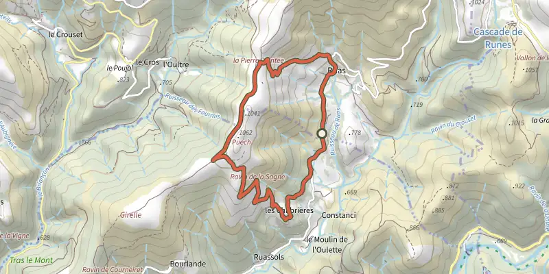 Carte du tracé de Ruas sur le Plan IGN, départ et points de passage numérotés
